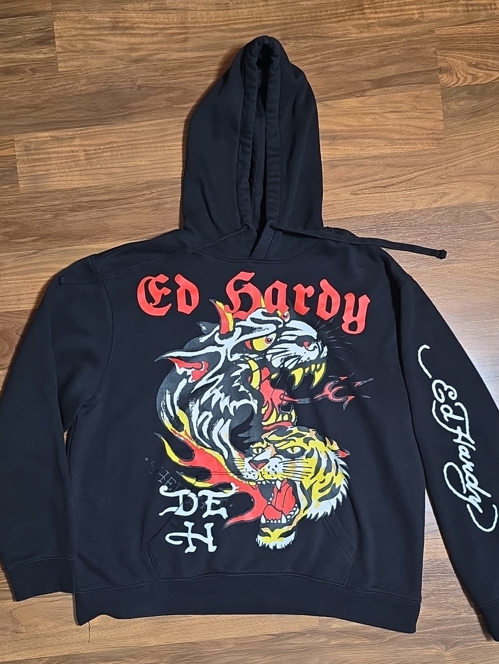 Ed Hardy Black Hoodie Sweatershirt with Red & Yellow Tiger Graphic
